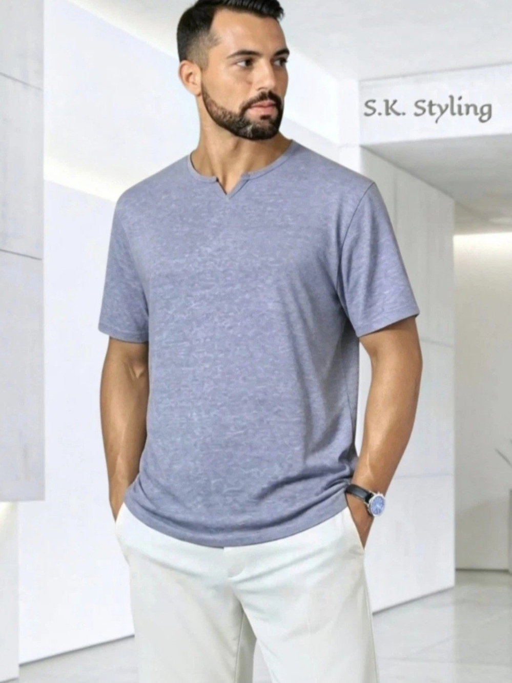 Alexander Julian Colours S/S Split V T-Shirt Heathered Purple Men's size Medium